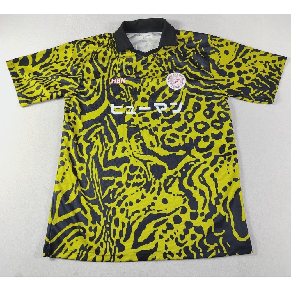 Human By Nature Polo Shirt Mens XL Yellow Tokyo Japan Club Animal Print Jersey